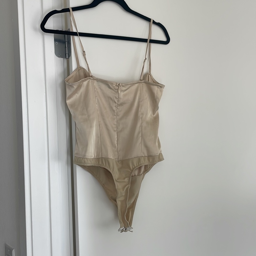 WeWoreWhat Strappy Satin Chiffon Bodysuit in Crème Brûlée - Picture 9 of 10